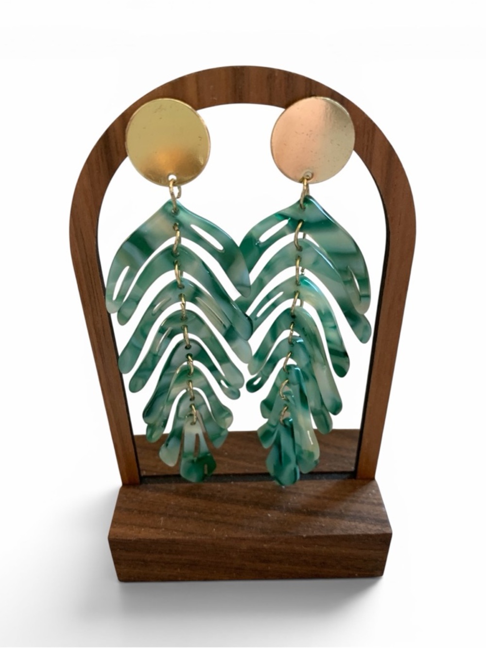Green Marbled Acrylic Monstera Leaf Cascade Statement Earrings